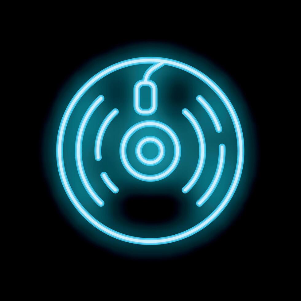 Neon vinyl record shining on black background vector