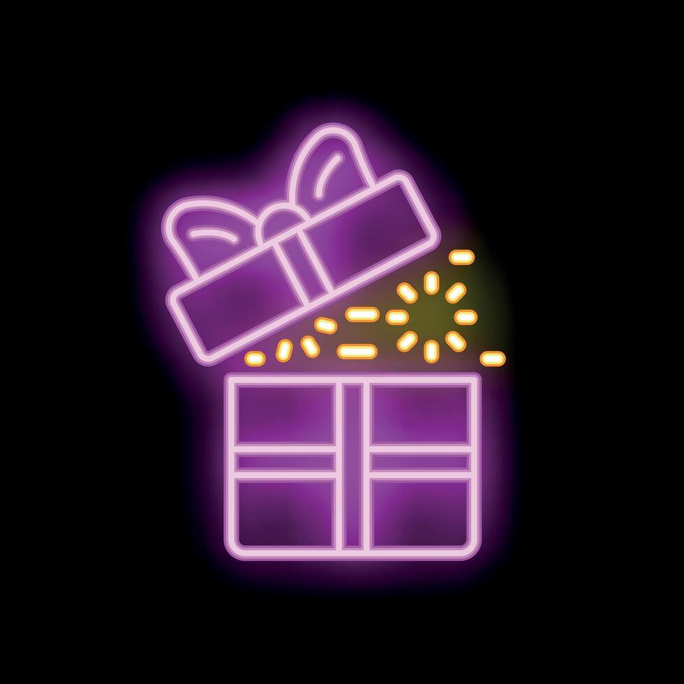 Neon icon of a gift box opening with sparkles coming out vector