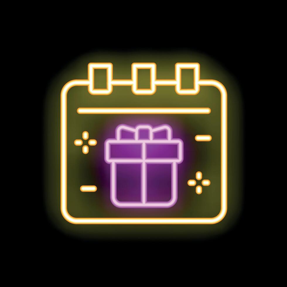 Neon icon of calendar showing a gift box for birthday or holiday vector