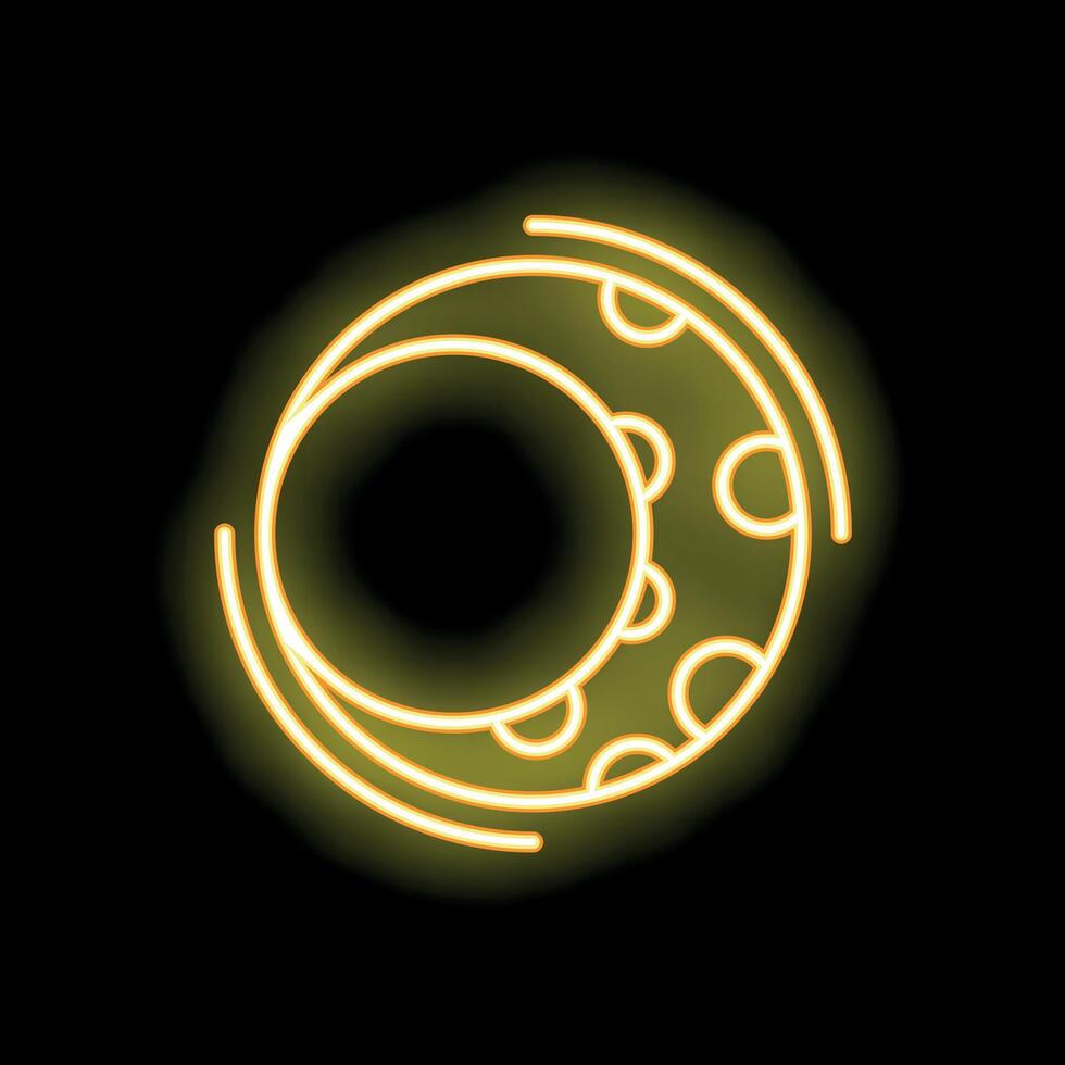 Glowing neon yellow icon of a solar eclipse with swirling orbits vector