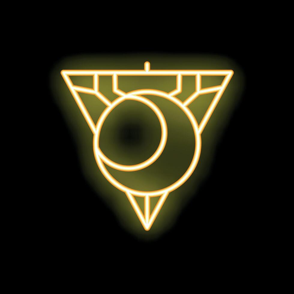 Bright yellow neon sign showing a crescent moon inside a triangle shape vector