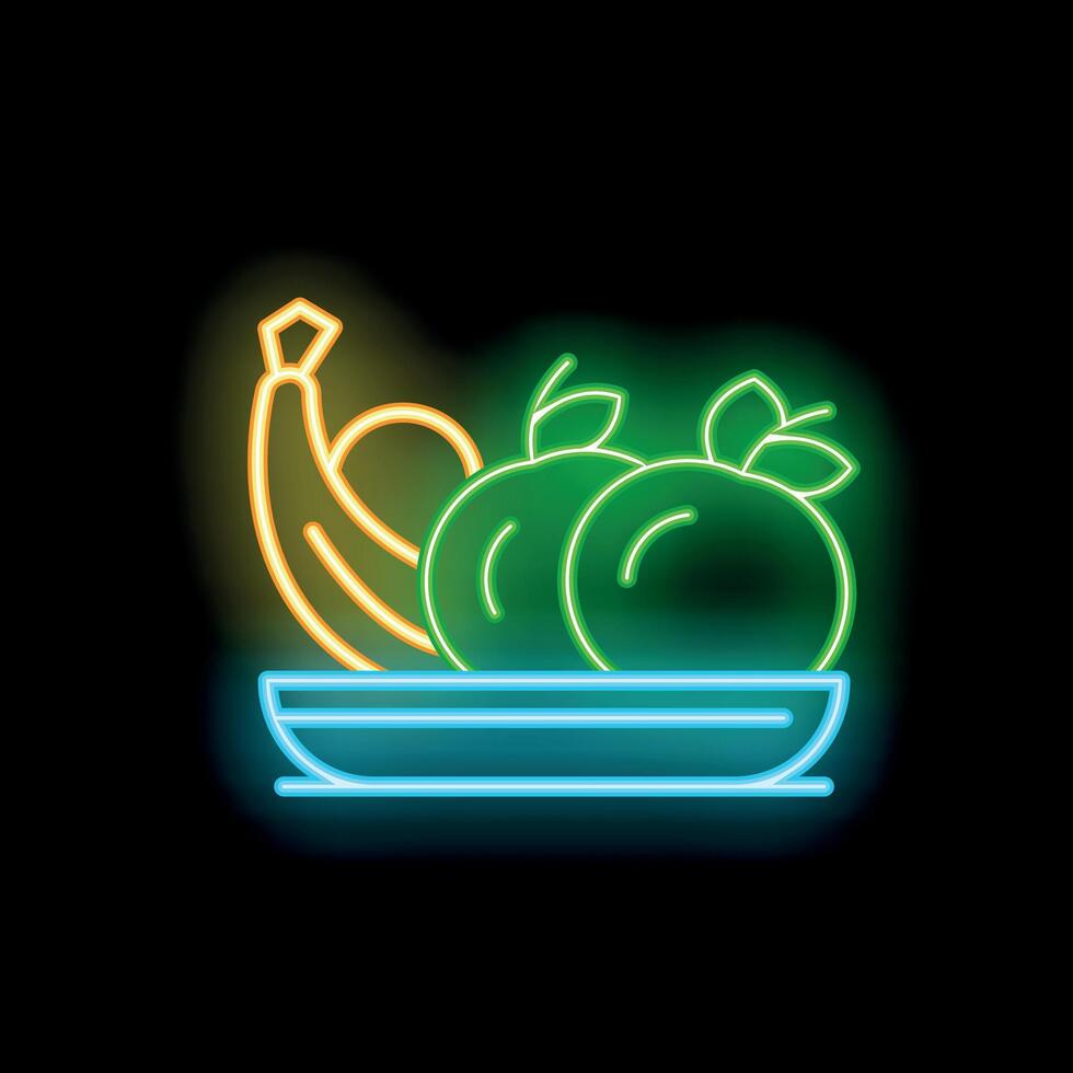 Neon fruits basket sign representing healthy eating and freshness vector
