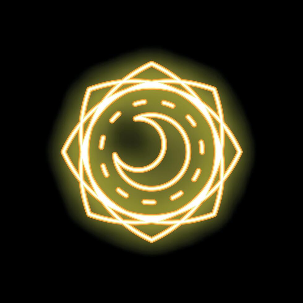 Yellow neon light showing crescent moon shape surrounded by geometric pattern on black background vector