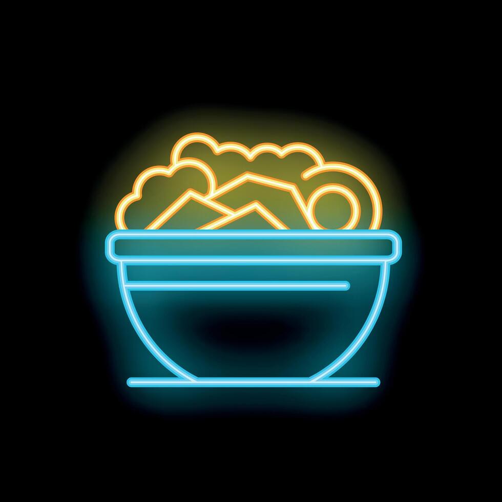 Glowing neon icon of a bowl overflowing with food, perfect for restaurant menus and food blogs vector