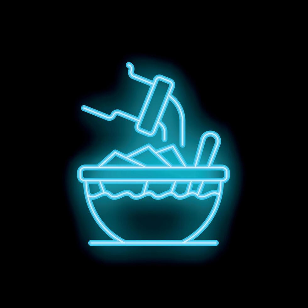 Neon sign of a hand pouring sauce over a bowl of food vector