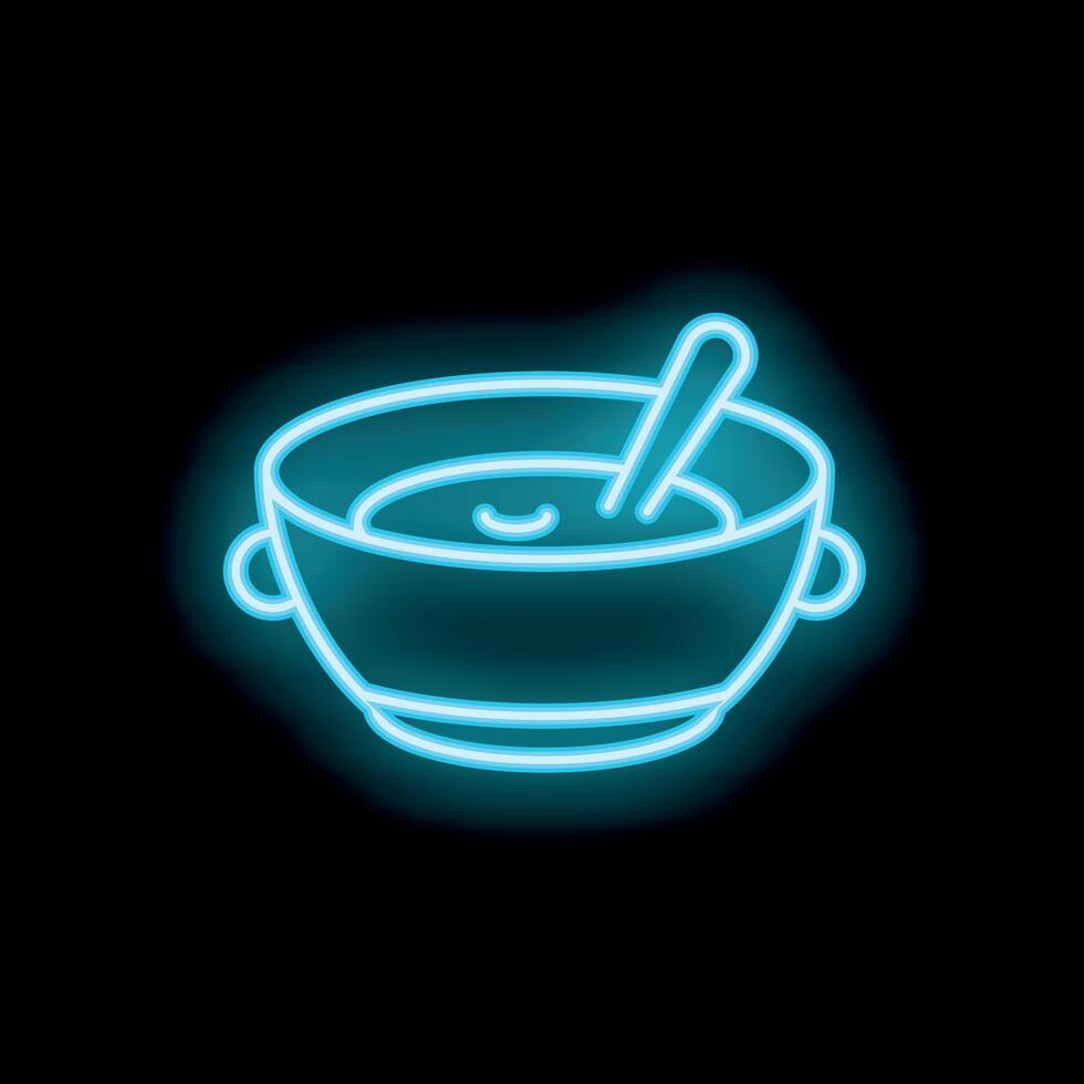 Neon style icon of hot soup bowl with spoon on black background vector
