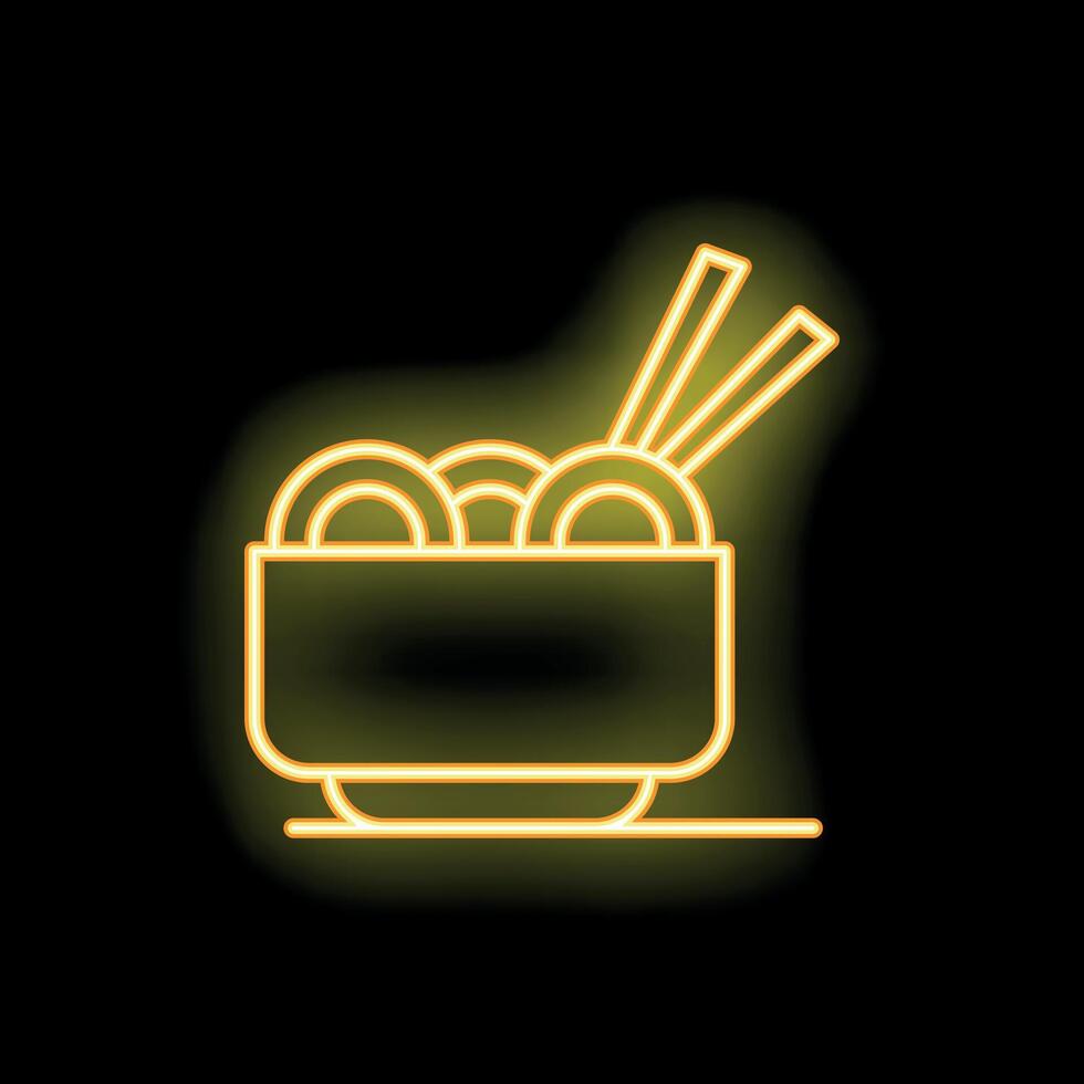 Yellow neon sign of noodles in bowl with chopsticks on black background vector