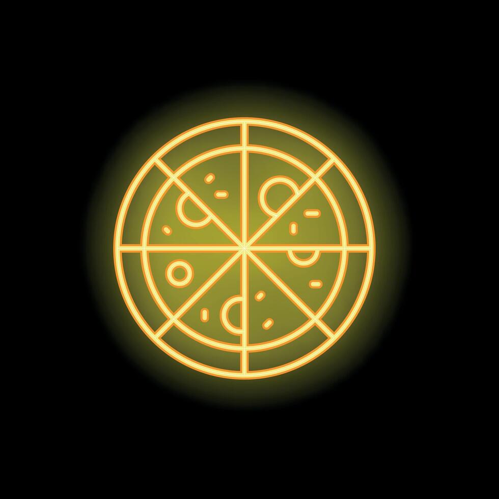 Bright yellow neon sign of delicious pizza glowing on black background vector