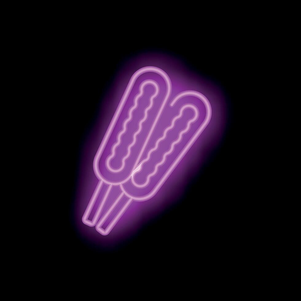 Glowing neon sign of corn dogs on a stick with black background vector