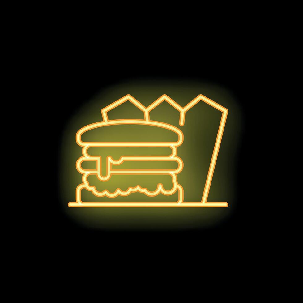 Bright yellow neon sign showing a burger with french fries on black background vector