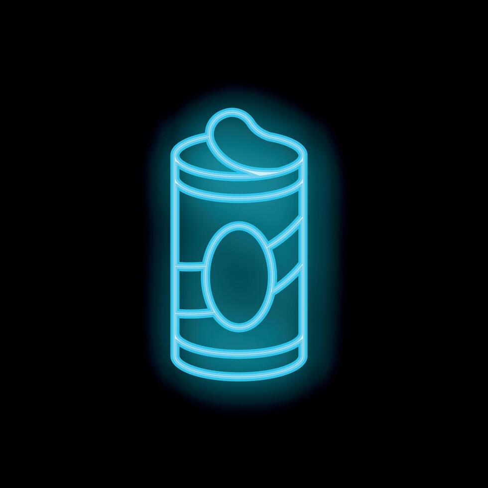 Bright blue neon sign depicting an open tin can on black background vector