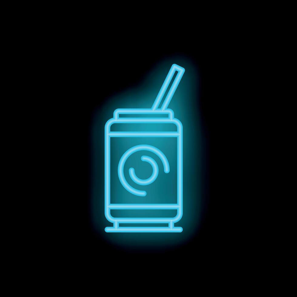 Blue neon sign of soda can with straw on black background vector
