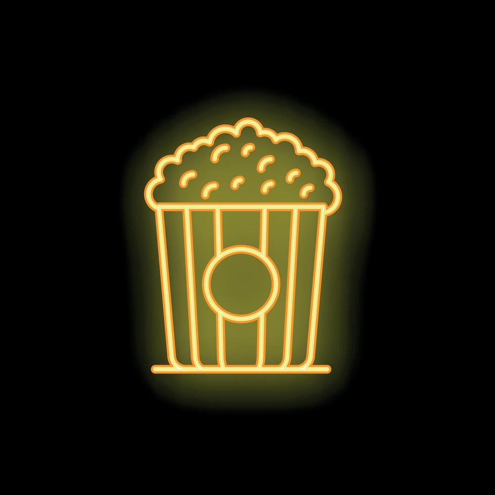 Neon sign representing popcorn bucket glowing yellow on black background vector