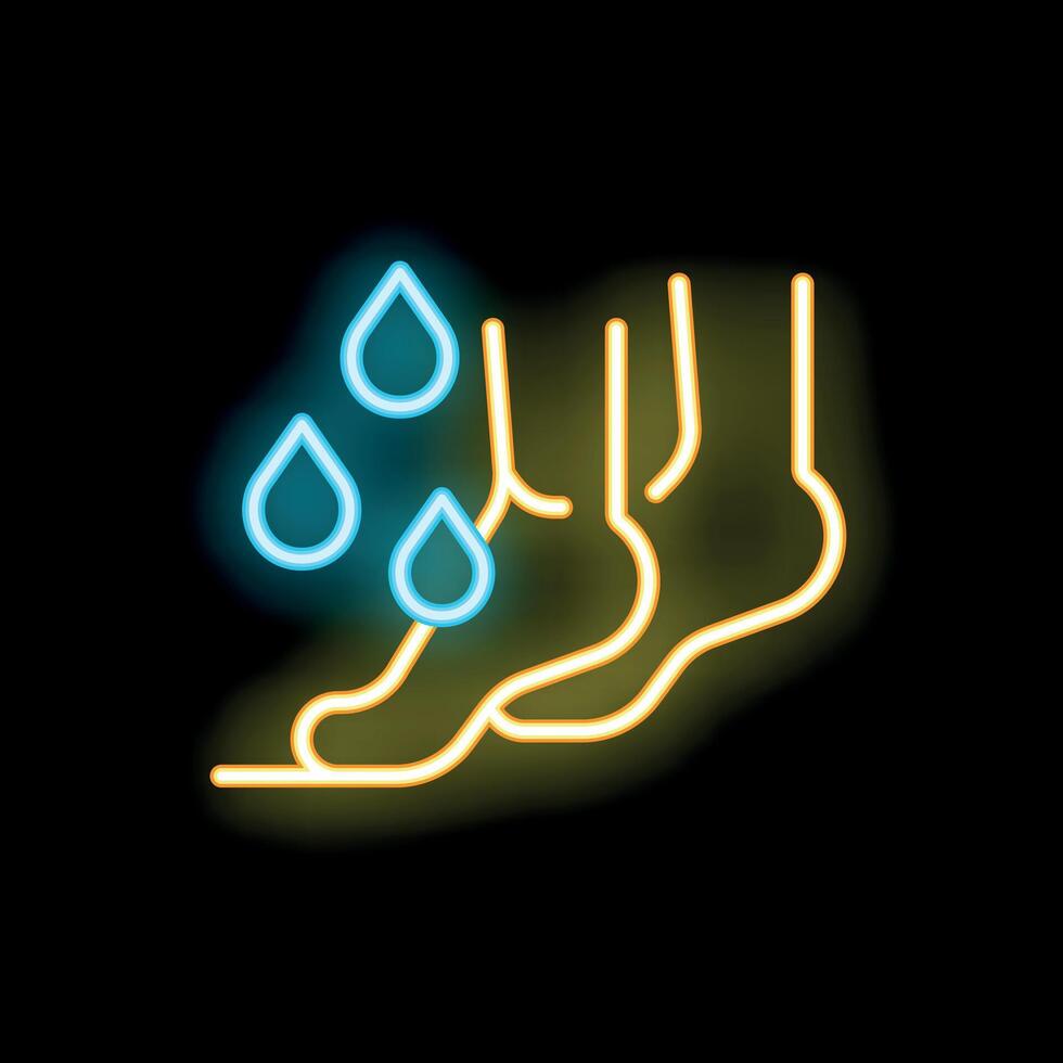 Neon icon of sweaty feet with droplets of sweat falling down vector