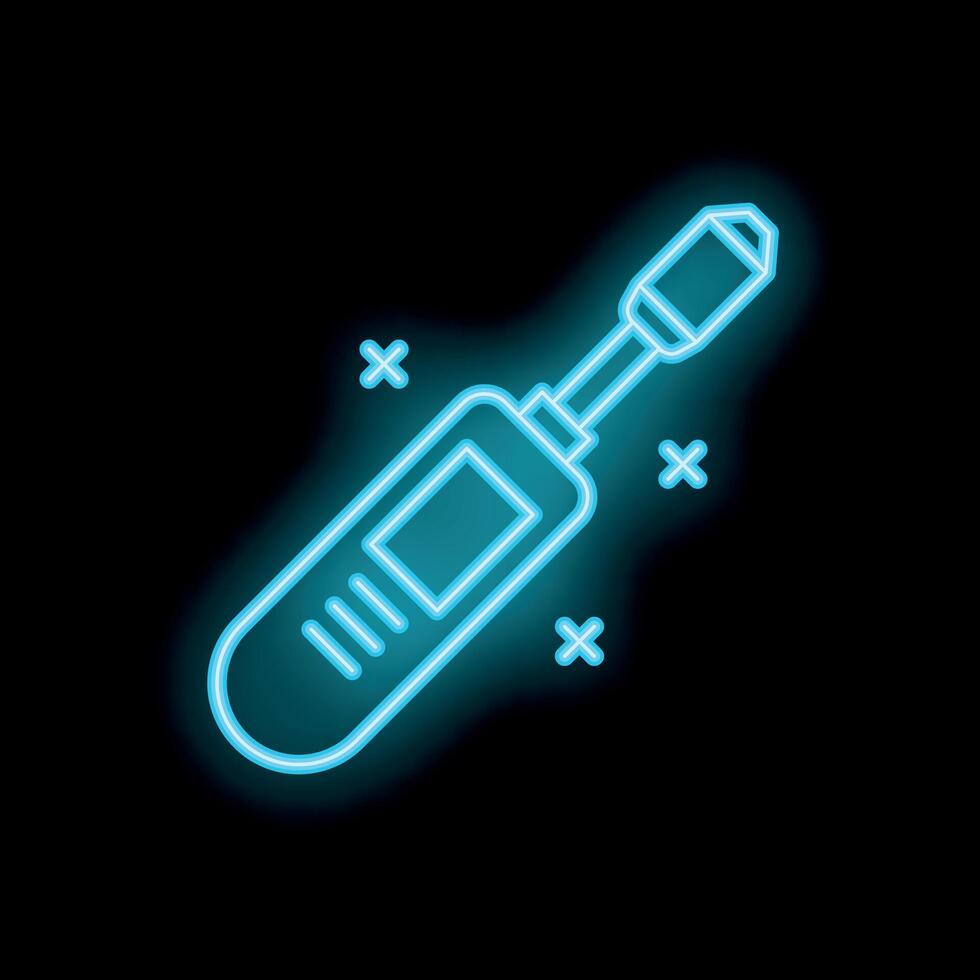 Blue neon icon of electronic thermometer showing temperature on black background vector