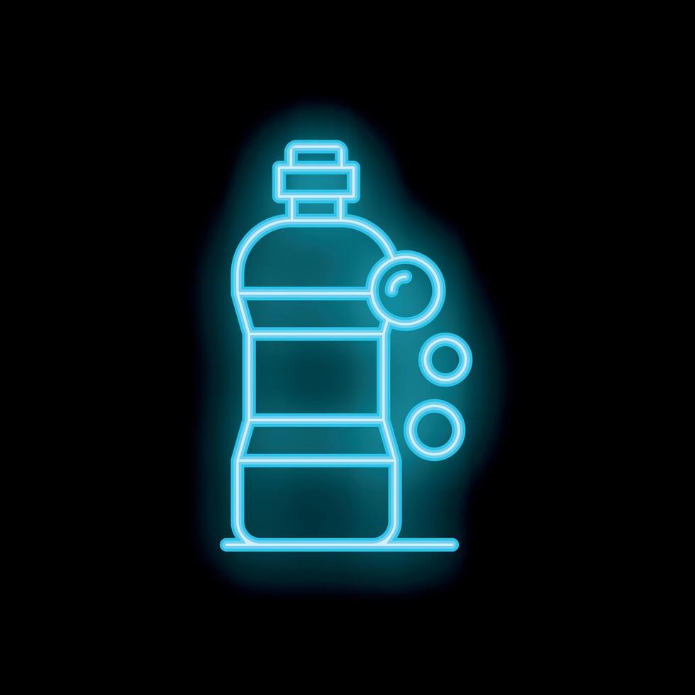 Neon icon of detergent bottle pouring out soap bubbles for laundry and cleaning vector