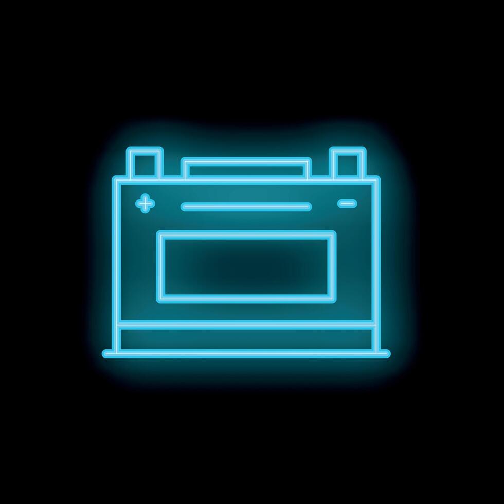 Blue neon icon of a car battery glowing on black background vector