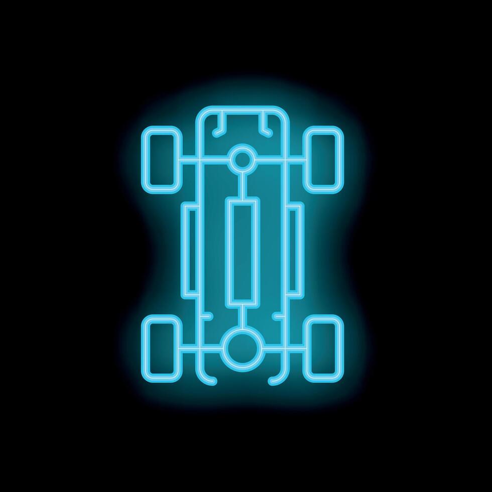 Neon chassis car structure with wheels glowing on dark background vector
