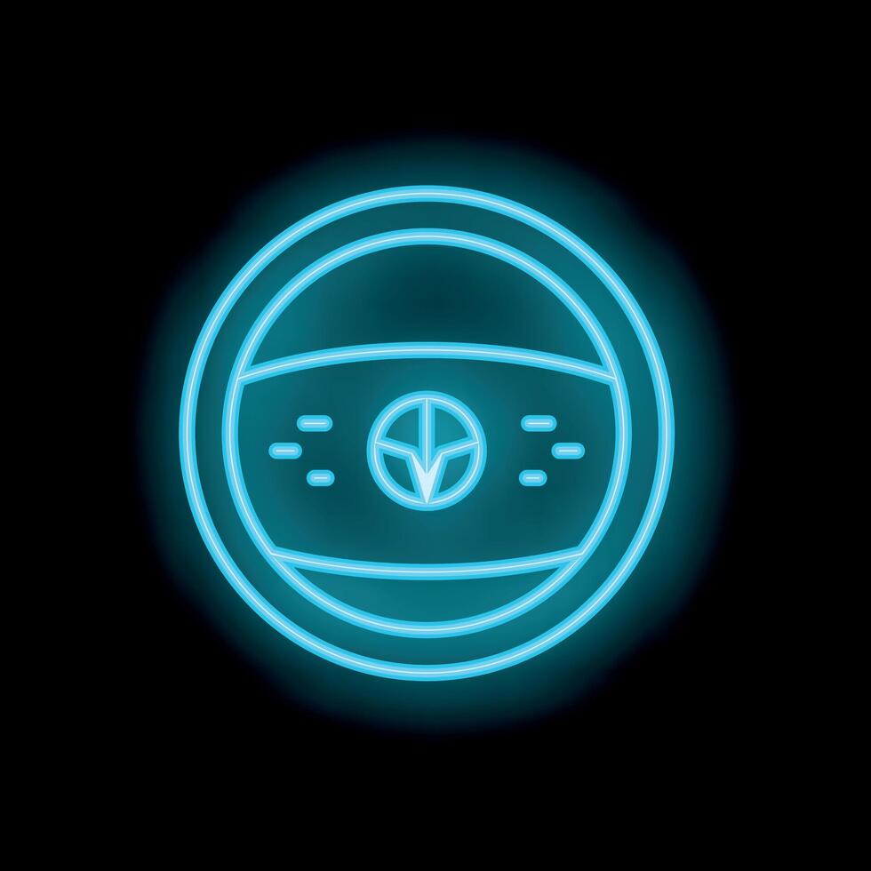 Blue neon sign steering wheel glowing on black background vector