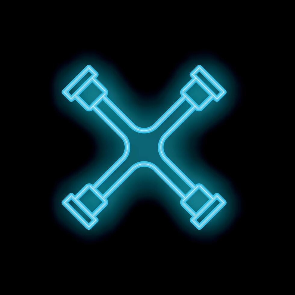 Blue neon cross wrench glowing on black background vector
