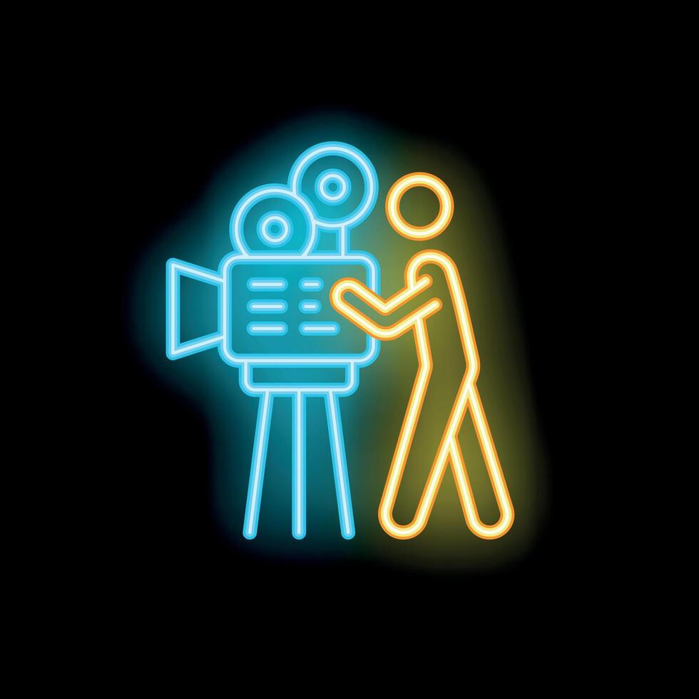 Cameraman using a vintage movie camera neon sign icon vector