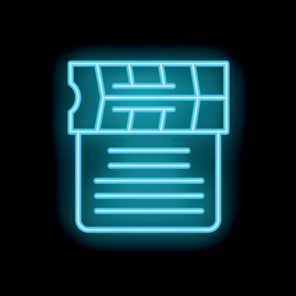 Neon blue clapperboard icon glowing on black background vector