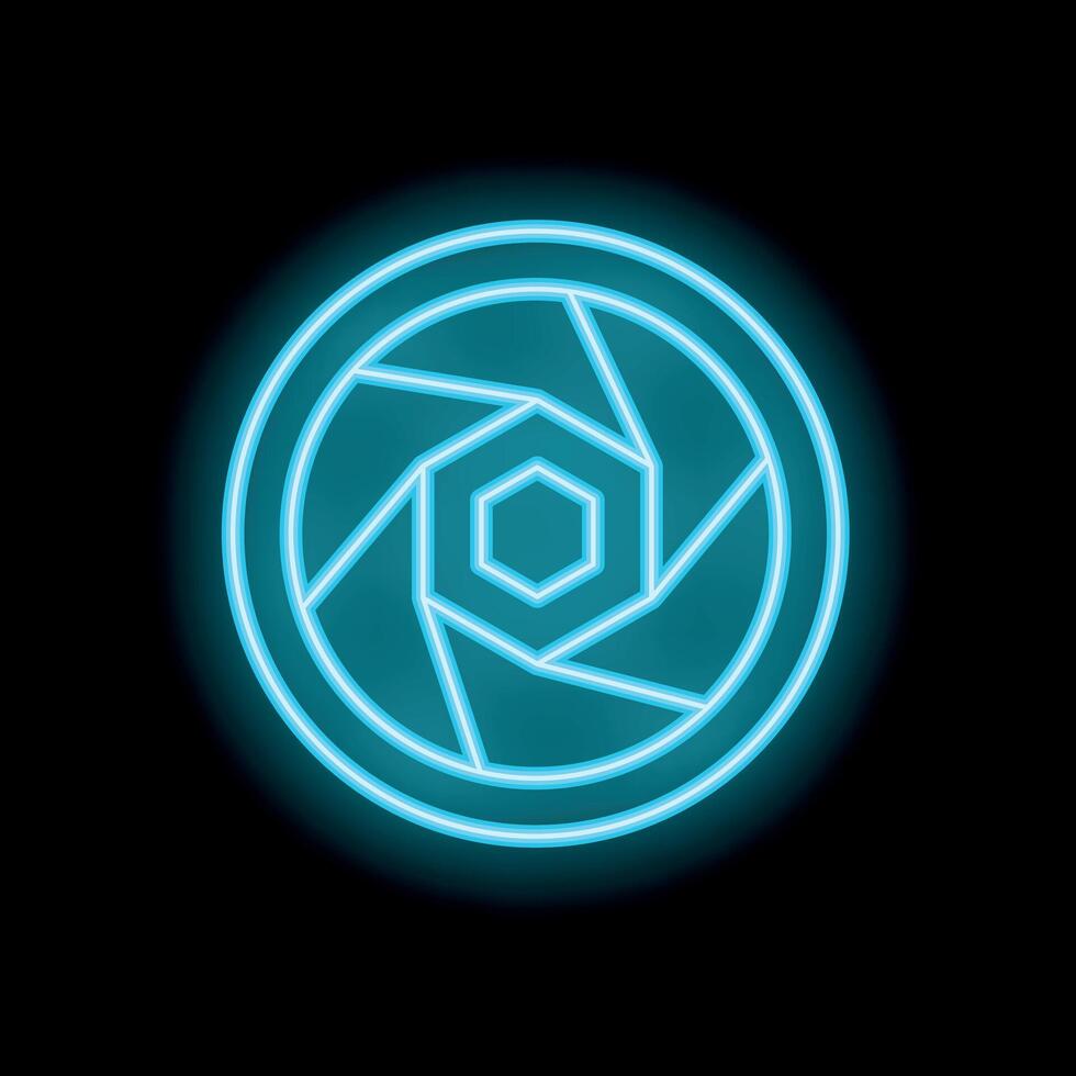 Neon shutter aperture icon glowing on black background vector