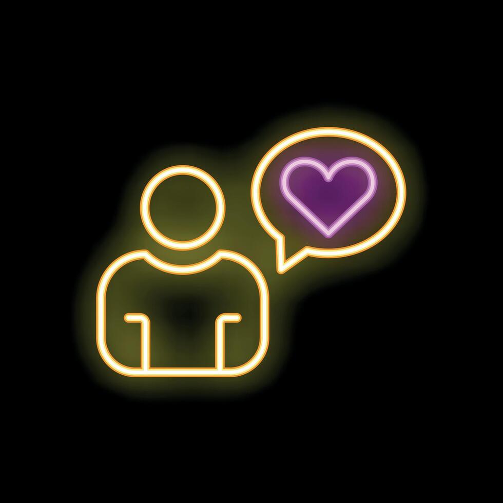 Neon icon of person expressing love with speech bubble on black background vector