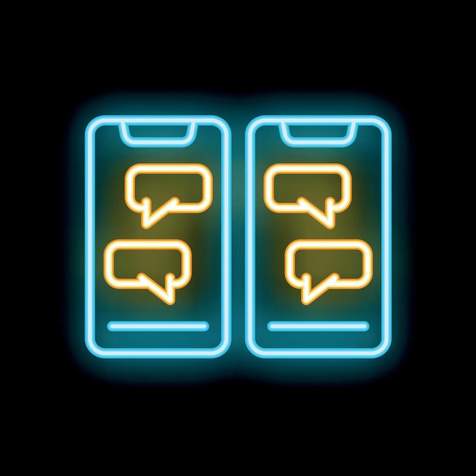 Neon sign showing two smartphones exchanging messages on black background vector