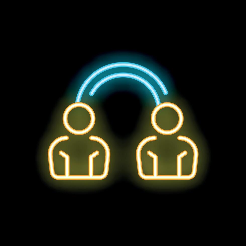 Neon icon of two people connecting through a glowing archway vector