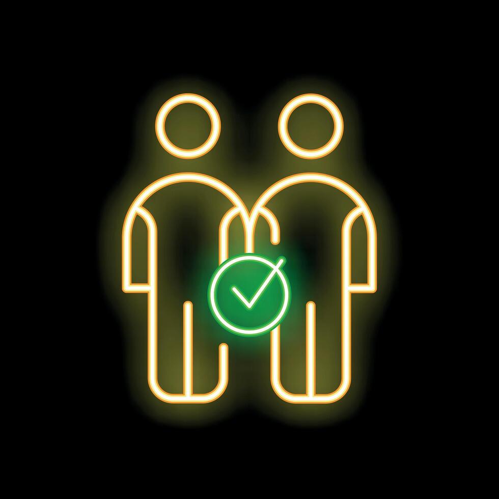Neon icon of two people standing together with check mark between them vector