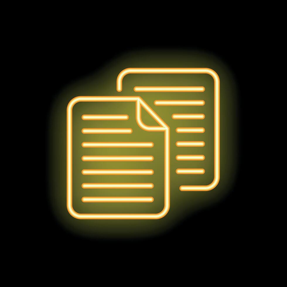 Neon icon of two documents with curved corner on black background vector