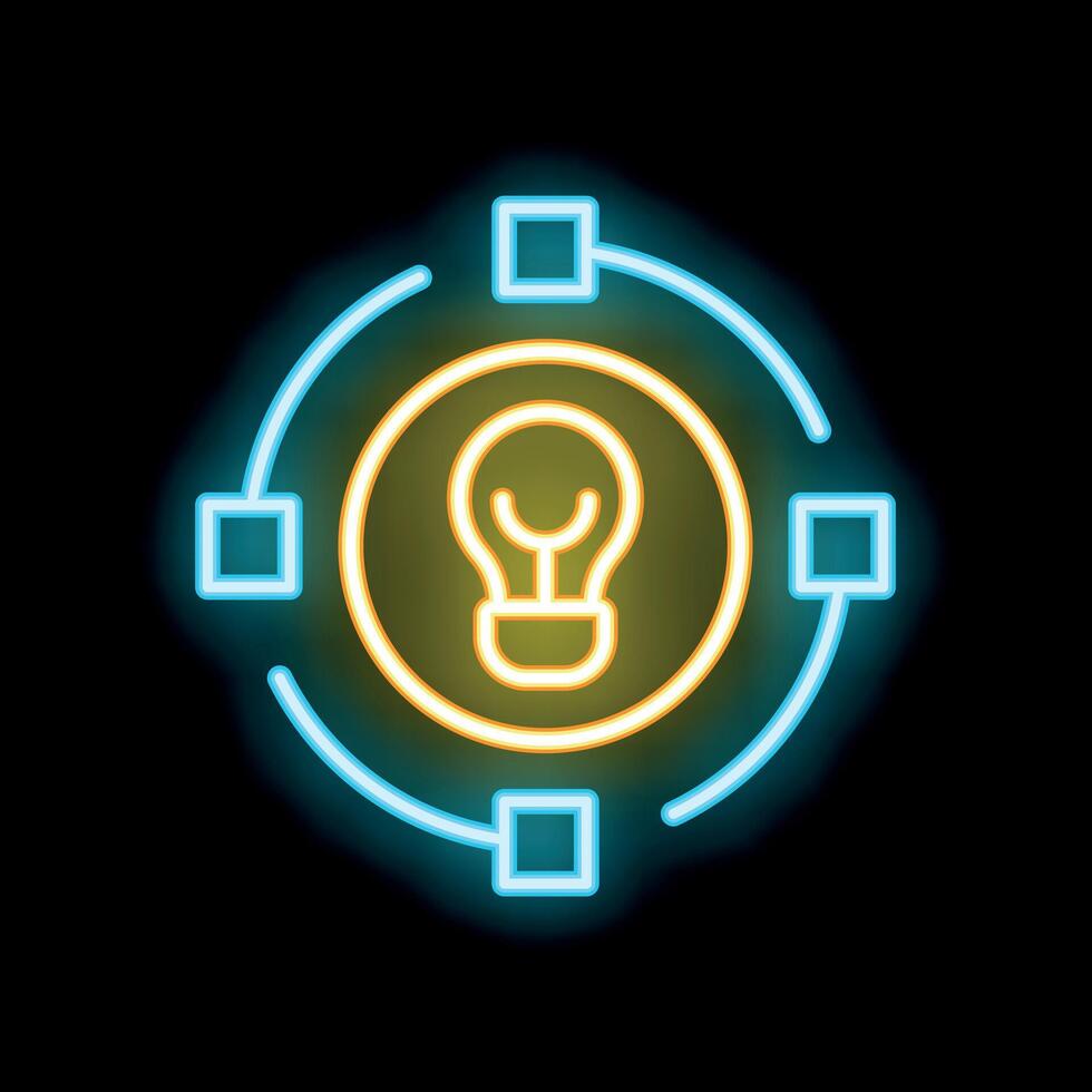 Neon icon of light bulb connecting squares representing innovative thinking process vector