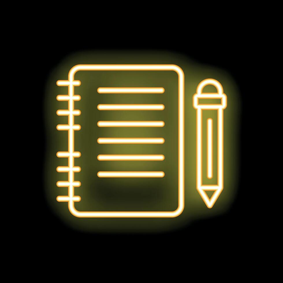 Neon notepad and pencil icon glowing on dark background vector
