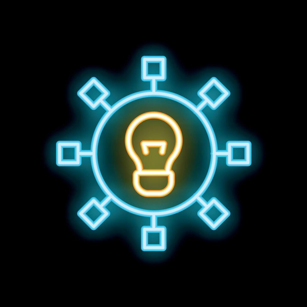 Neon icon of lightbulb representing a hub and spokes network for innovation vector