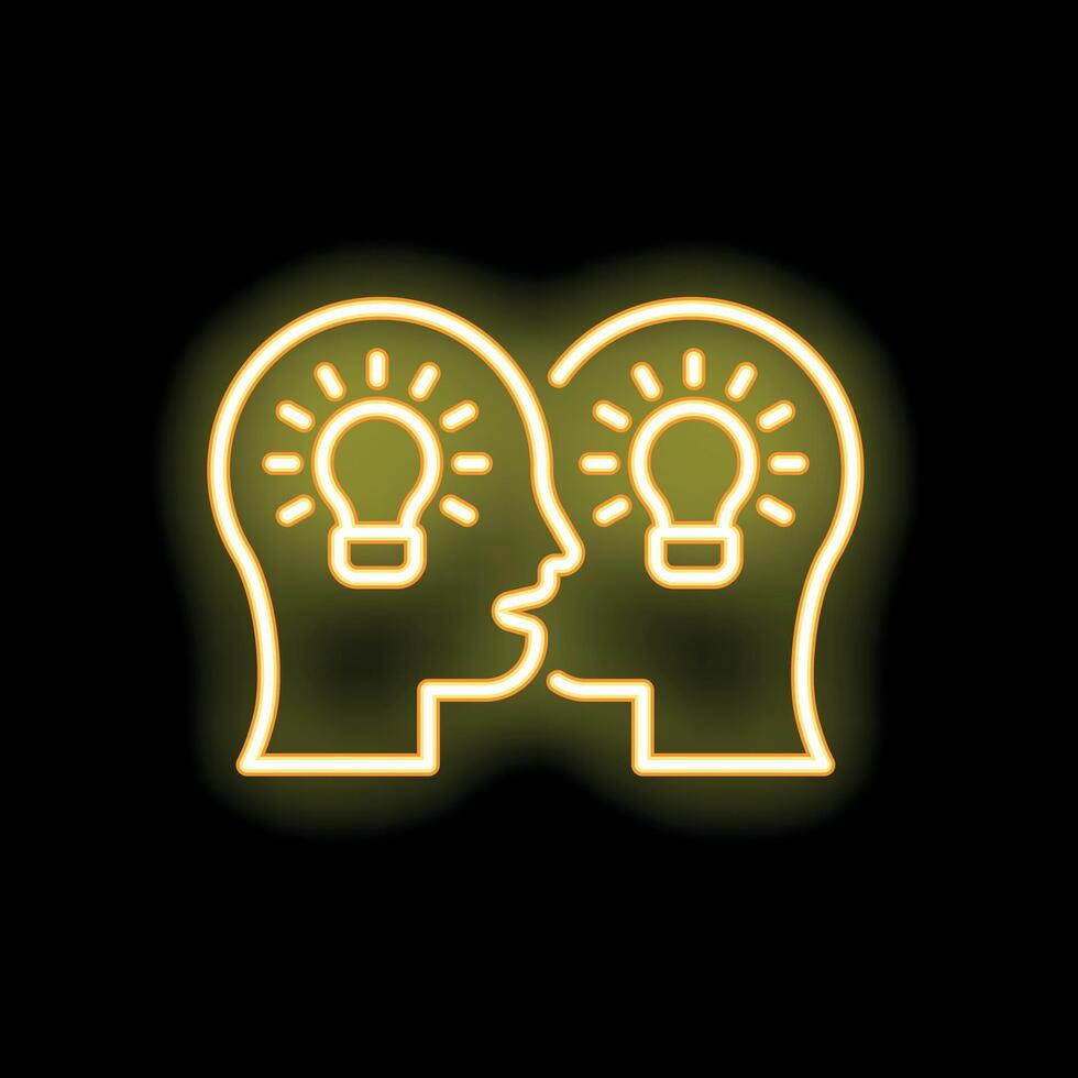 Neon icon of two people sharing ideas with light bulbs vector
