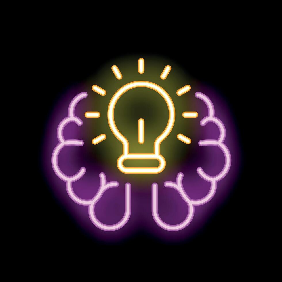 Neon light bulb shining over human brain on black background vector