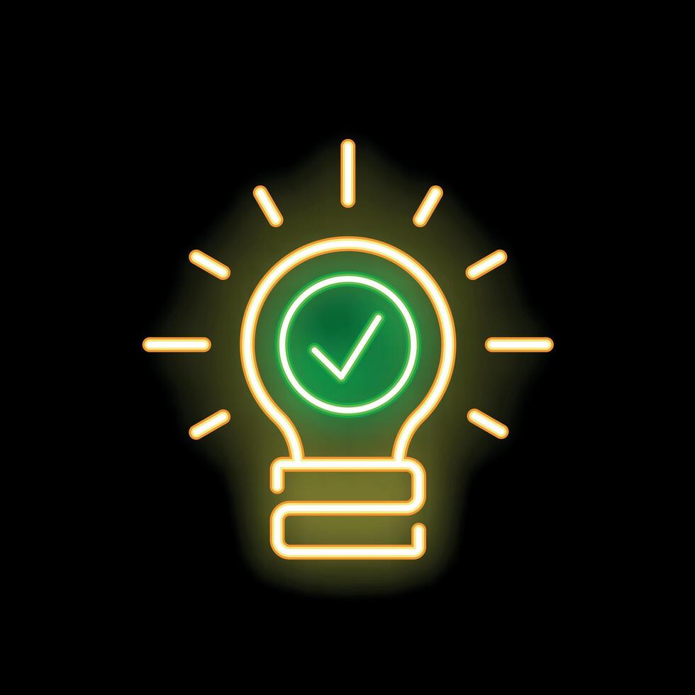 Neon lightbulb shining with check mark inside symbolizing valid idea vector
