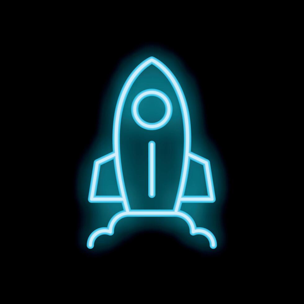 Blue neon rocket taking off from ground on black background vector