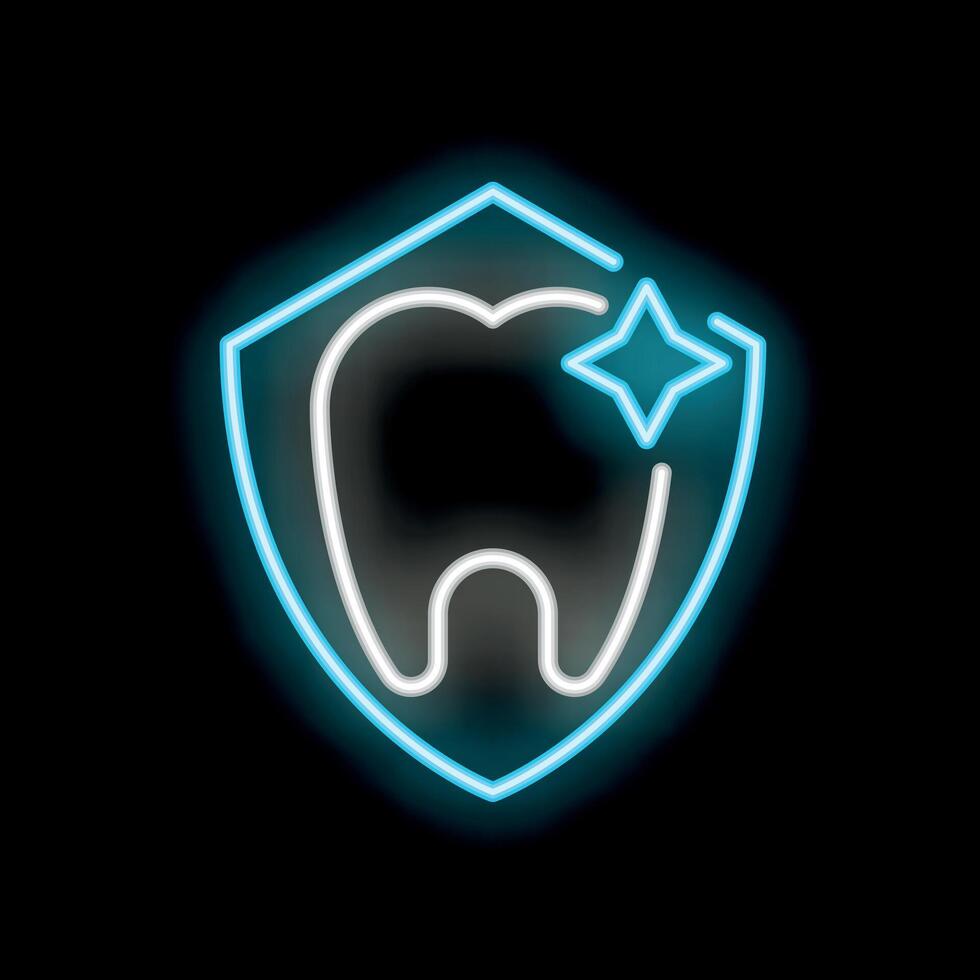 Neon icon of tooth with star inside a shield representing dental care vector
