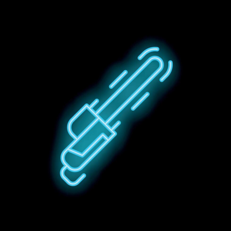 Blue neon icon of chainsaw cutting something on black background vector