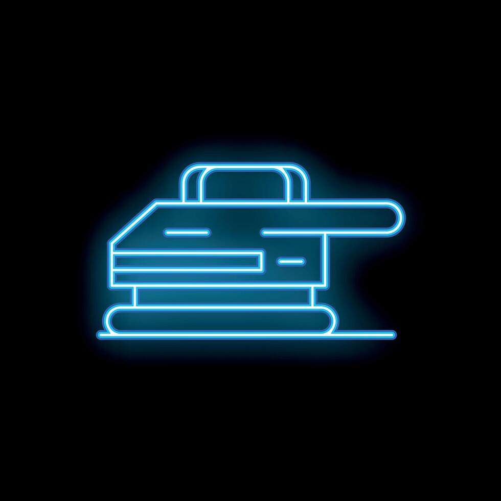 Blue neon sign showing a vibrating plate compactor on black background vector