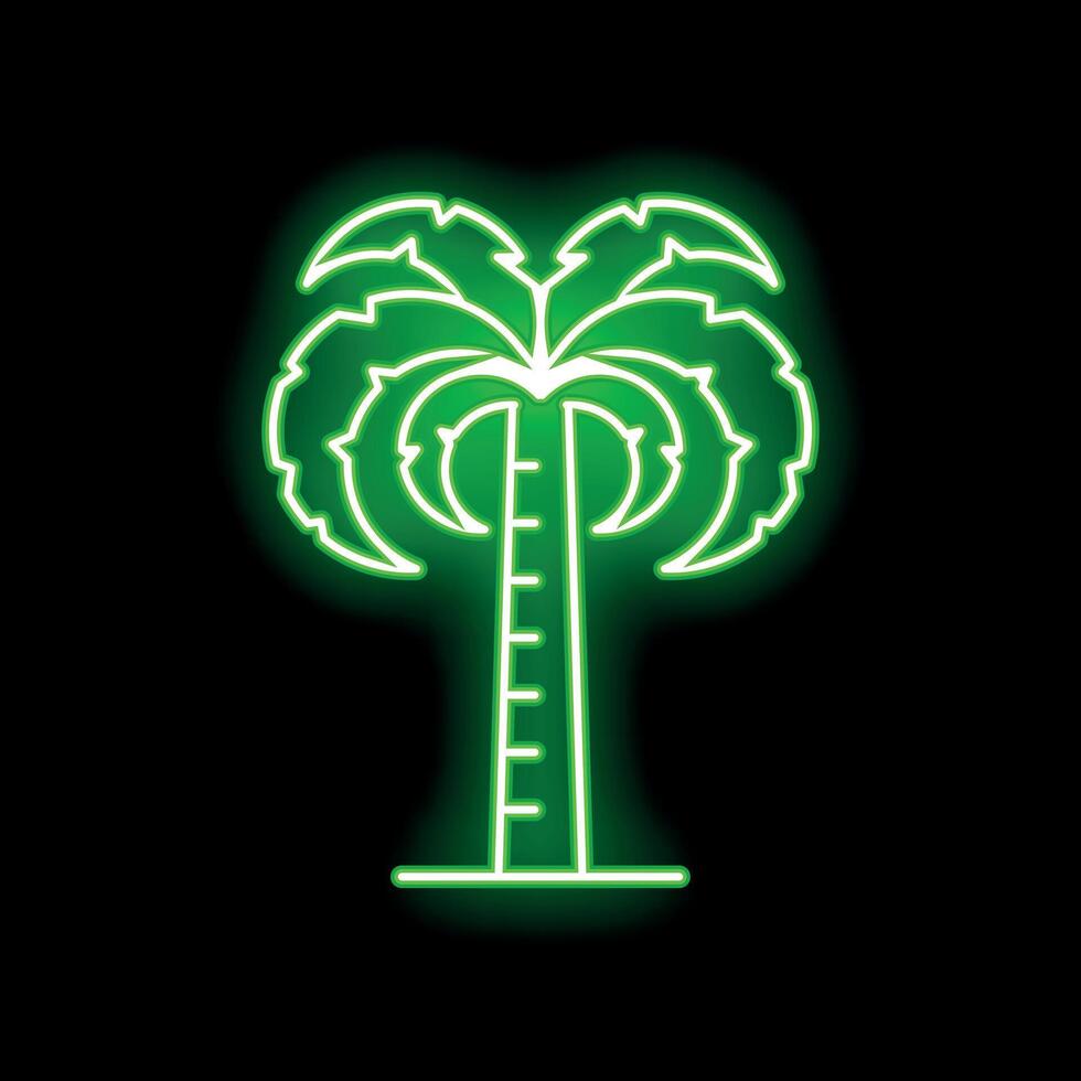 Bright green neon palm tree sign shining on black background vector