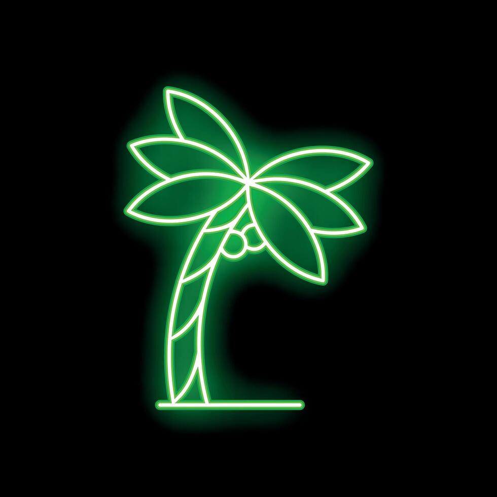 Green neon sign showing a coconut palm tree on a black background vector