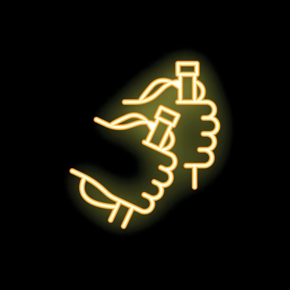 Glowing neon line icon of doctor hands holding two test tubes vector