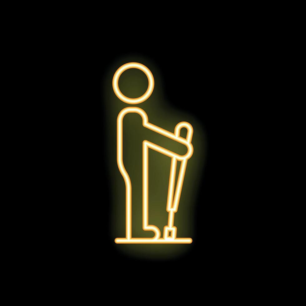 Neon sign of person walking with hiking pole in dark background vector