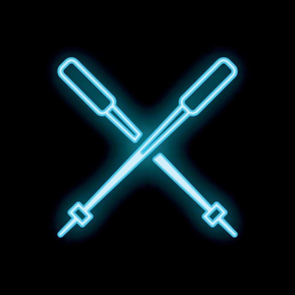 Blue neon sign of crossed oars on a black background representing rowing vector