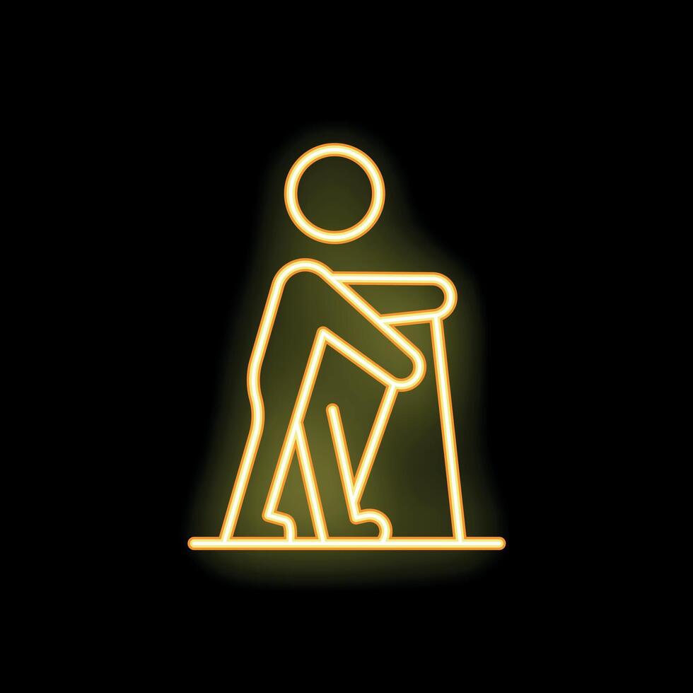 Neon sign of person walking with cane on black background vector