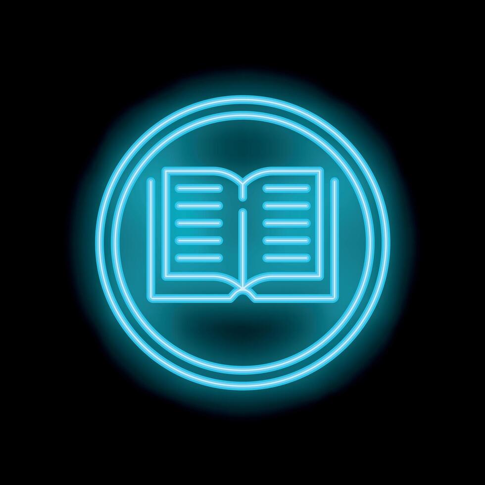 Blue neon open book icon in a circle on black background vector