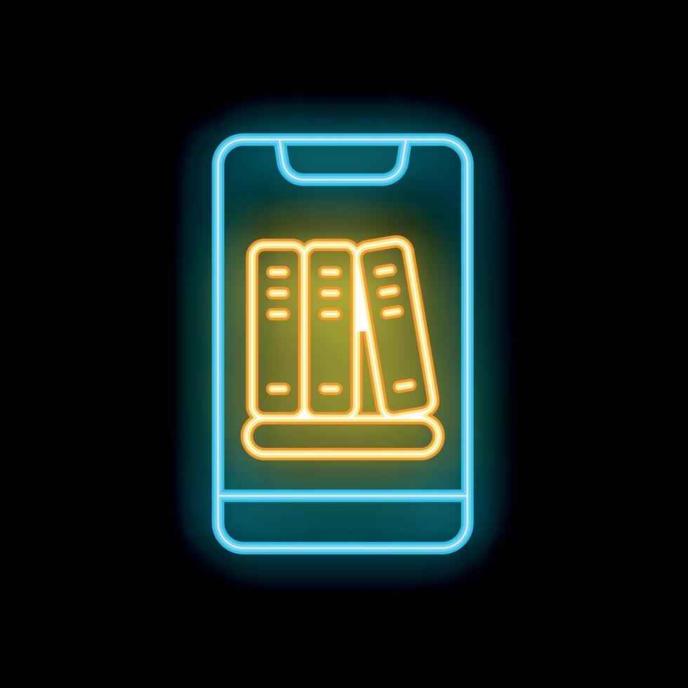 Neon glowing icon of online library on smartphone for e learning and e books vector